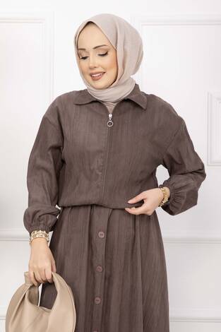 Bomber Ceket & Düğmeli Etek Takım Kahve - Thumbnail