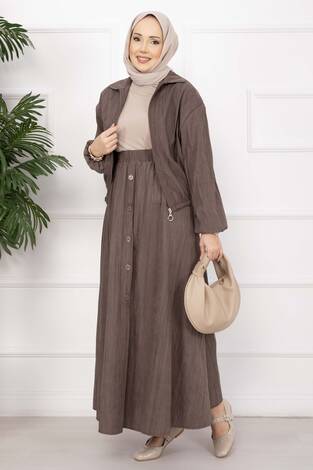 Bomber Ceket & Düğmeli Etek Takım Kahve - Thumbnail