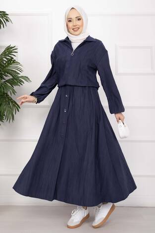 Bomber Ceket & Düğmeli Etek Takım Lacivert - Thumbnail