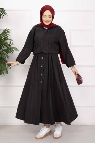 Bomber Ceket & Düğmeli Etek Takım Siyah - Thumbnail