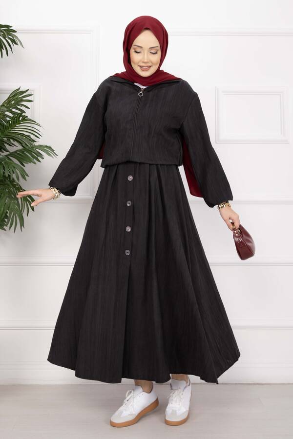 Ums - Bomber Ceket & Düğmeli Etek Takım Siyah