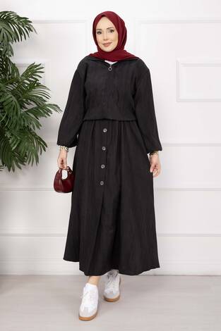 Bomber Ceket & Düğmeli Etek Takım Siyah - Thumbnail