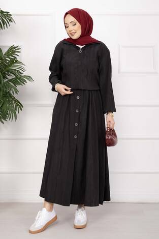 Bomber Ceket & Düğmeli Etek Takım Siyah - Thumbnail