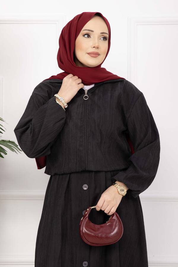 Ums - Bomber Ceket & Düğmeli Etek Takım Siyah (1)