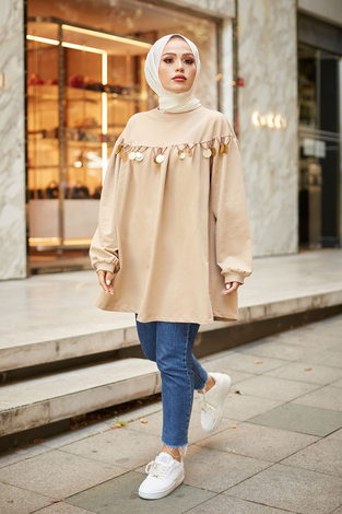 Boncuk Detaylı Penye Tunik 6114-2 Camel - Thumbnail