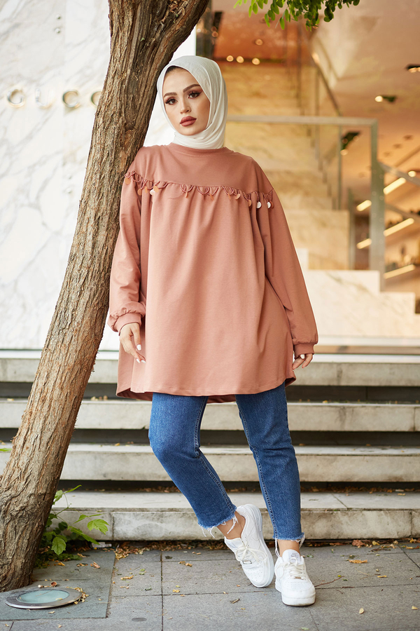  - Boncuk Detaylı Penye Tunik 6114-5 Somon