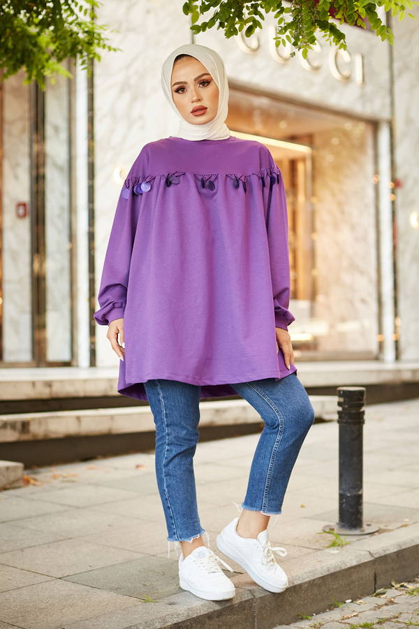 Boncuk Detaylı Penye Tunik 6114-6 Mor