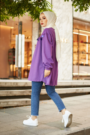 Boncuk Detaylı Penye Tunik 6114-6 Mor - Thumbnail