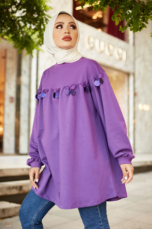 Boncuk Detaylı Penye Tunik 6114-6 Mor - Thumbnail