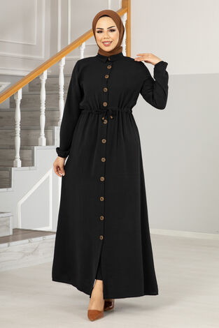 Boydan Düğmeli Tesettür Ferace Elbise Siyah - Thumbnail