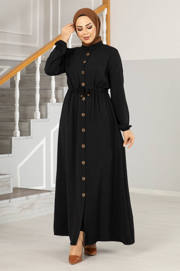 Boydan Düğmeli Tesettür Ferace Elbise Siyah