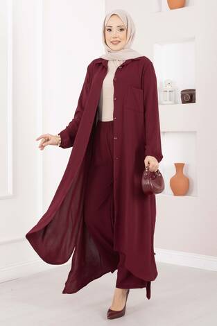 Boydan Düğmeli Aerobin Tesettür İkili Takım Bordo - Thumbnail