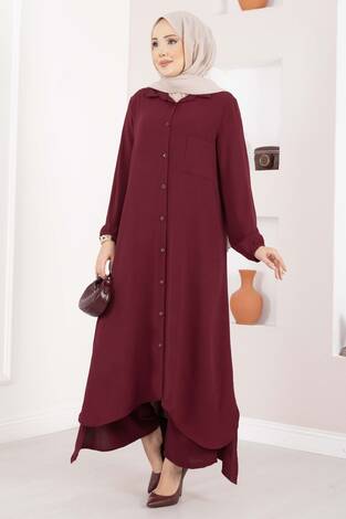 Boydan Düğmeli Aerobin Tesettür İkili Takım Bordo - Thumbnail