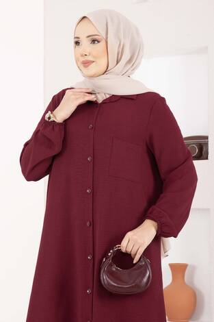 Boydan Düğmeli Aerobin Tesettür İkili Takım Bordo - Thumbnail