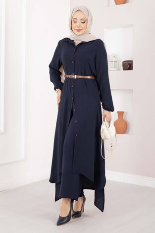 Boydan Düğmeli Aerobin Tesettür İkili Takım Lacivert - Thumbnail