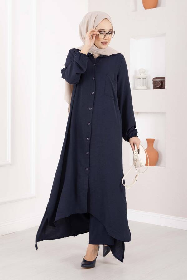 Boydan Düğmeli Aerobin Tesettür İkili Takım Lacivert