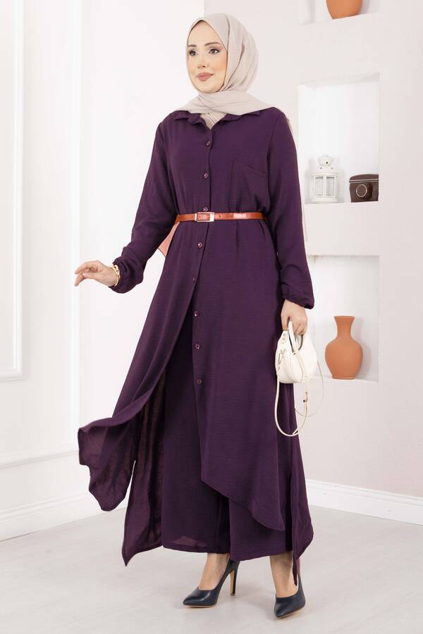 MD - Boydan Düğmeli Aerobin Tesettür İkili Takım Mürdüm