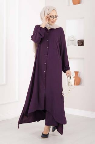 Boydan Düğmeli Aerobin Tesettür İkili Takım Mürdüm - Thumbnail