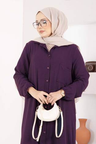 Boydan Düğmeli Aerobin Tesettür İkili Takım Mürdüm - Thumbnail