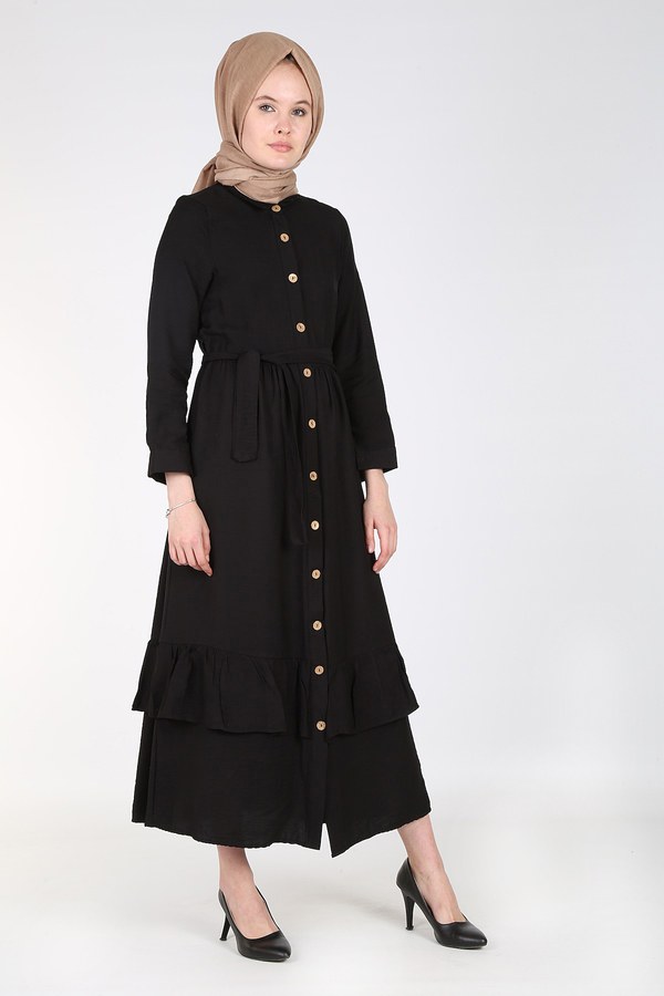 Boydan Düğmeli Büzgülü Elbise 157901-1 Siyah