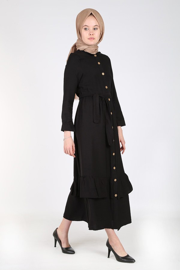 Boydan Düğmeli Büzgülü Elbise 157901-1 Siyah