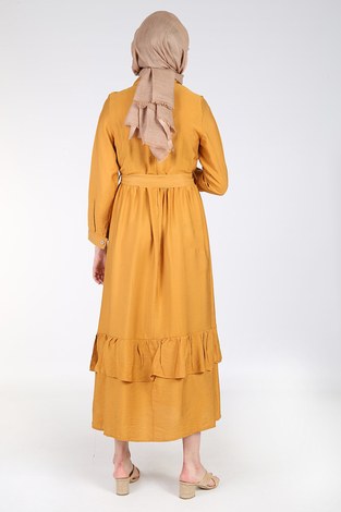 Boydan Düğmeli Büzgülü Elbise 157901-3 Hardal - Thumbnail