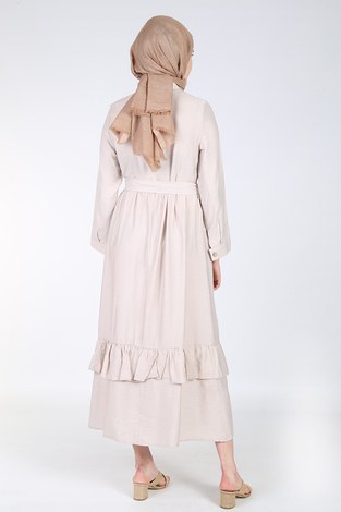 Boydan Düğmeli Büzgülü Elbise 157901-4 Bej - Thumbnail