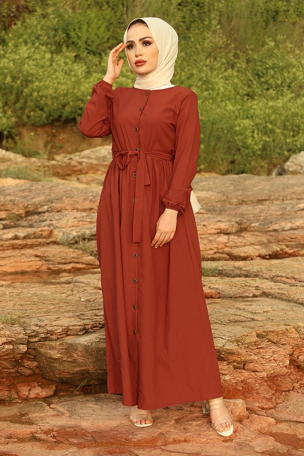 Boydan Düğmeli Elbise 2868-1 Kiremit
