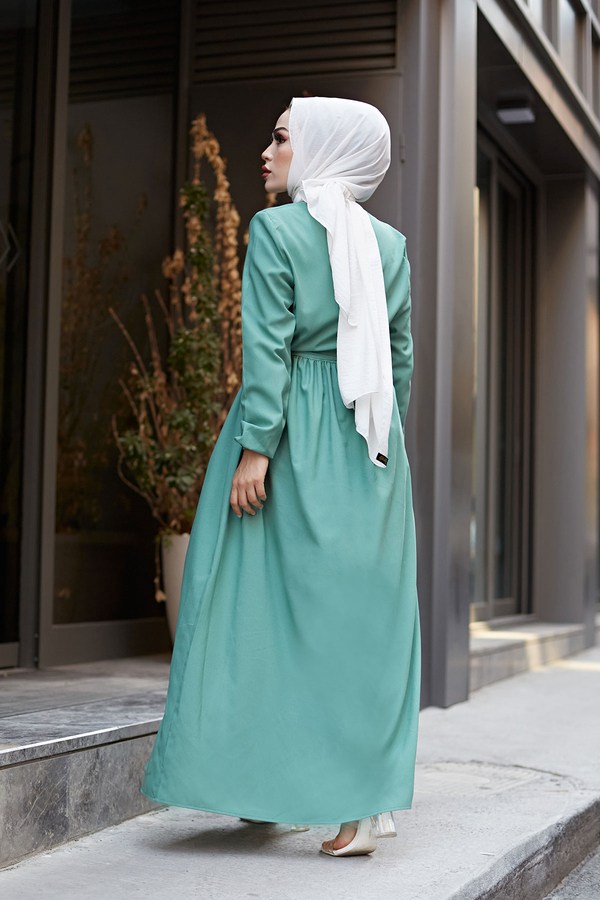 Boydan Düğmeli Tesettür Elbise 2868-20 Yeşil