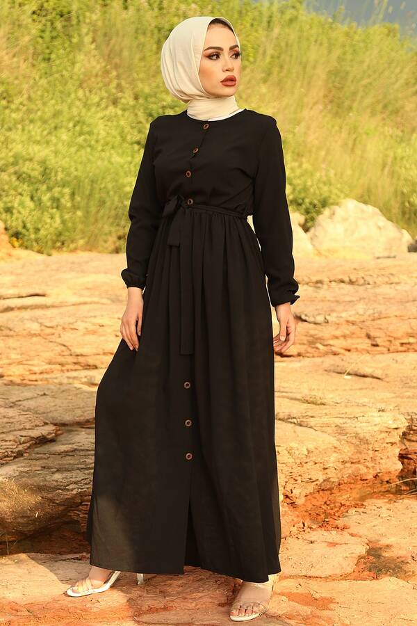 Boydan Düğmeli Tesettür Elbise 2868-4 Siyah
