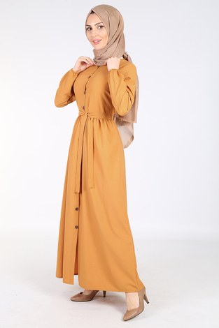 Boydan Düğmeli Tesettür Elbise 2868-6-Sarı - Thumbnail