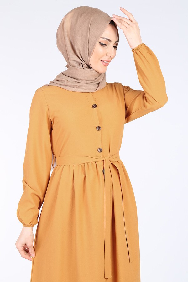Boydan Düğmeli Tesettür Elbise 2868-6-Sarı