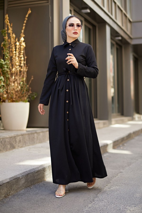 Boydan Düğmeli Elbise 87781-01 Siyah