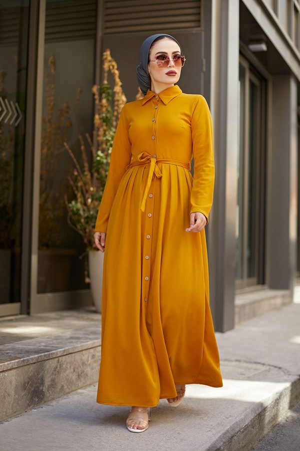  - Boydan Düğmeli Elbise 87781-012 Hardal