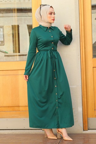 Boydan Düğmeli Elbise 87781-013 Z.Yeşil - Thumbnail