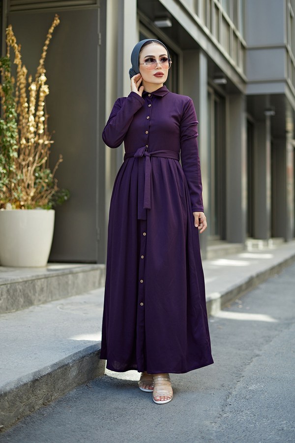  - Boydan Düğmeli Elbise 87781-05 Mor
