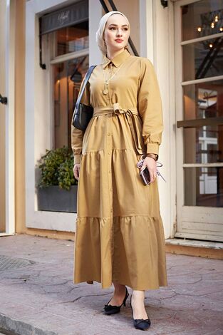 Boydan Düğmeli Fırfırlı Tesettür Elbise 565TEG-003 Camel - Thumbnail