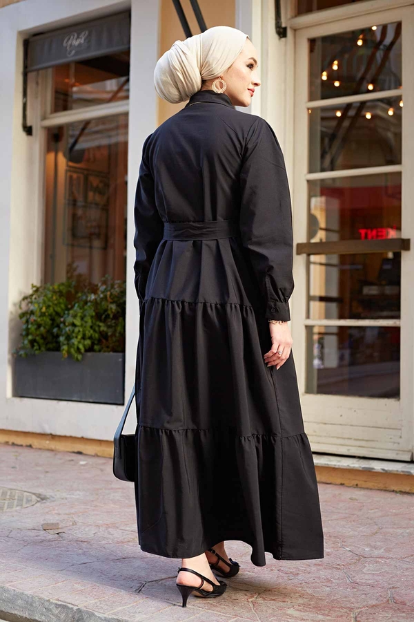 Boydan Düğmeli Fırfırlı Tesettür Elbise 565TEG-003 Siyah