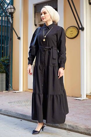 Boydan Düğmeli Fırfırlı Tesettür Elbise 565TEG-003 Siyah - Thumbnail
