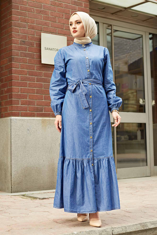 Boydan Düğmeli Kot Tesettür Elbise 190E-6327 Açık Mavi