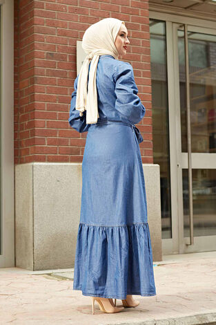 Boydan Düğmeli Kot Tesettür Elbise 190E-6327 Açık Mavi - Thumbnail