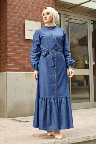 Boydan Düğmeli Kot Tesettür Elbise 190E-6327 Koyu Mavi - Thumbnail