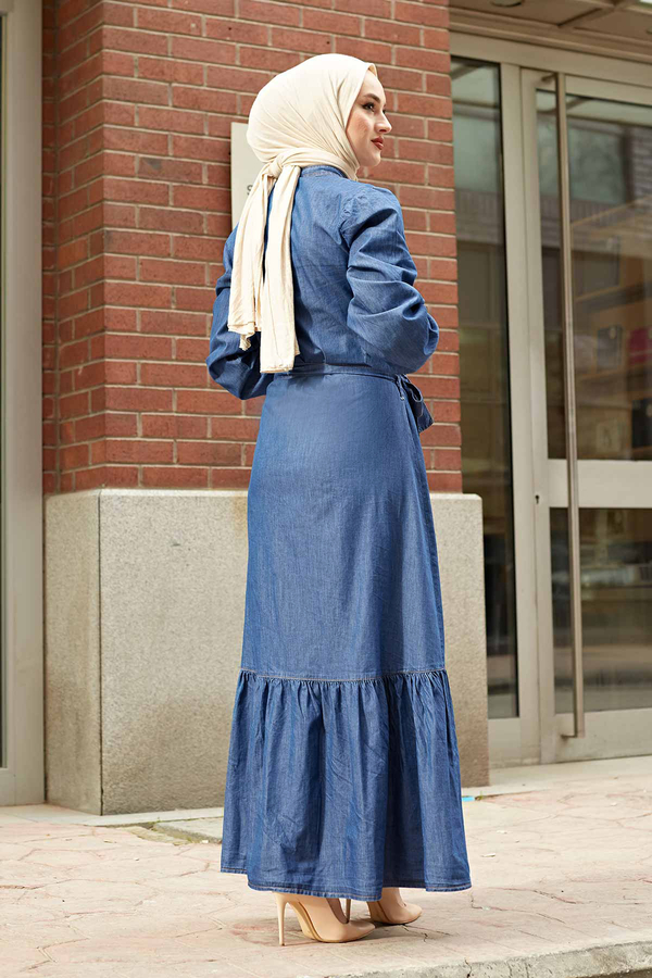 Boydan Düğmeli Kot Tesettür Elbise 190E-6327 Koyu Mavi
