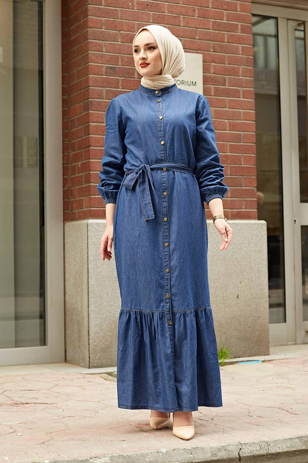 Boydan Düğmeli Kot Tesettür Elbise 190E-6327 Koyu Mavi