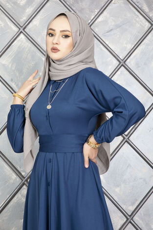 Boydan Düğmeli Kuşaklı Tesettür Elbise İndigo - Thumbnail