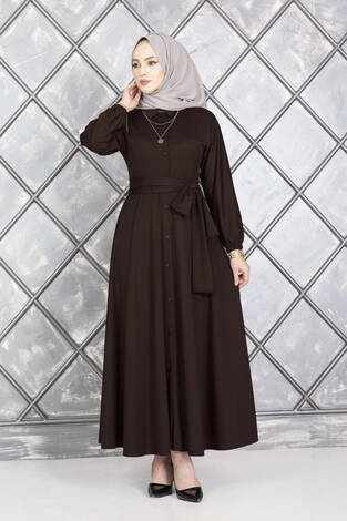 Boydan Düğmeli Kuşaklı Tesettür Elbise Kahve - Thumbnail