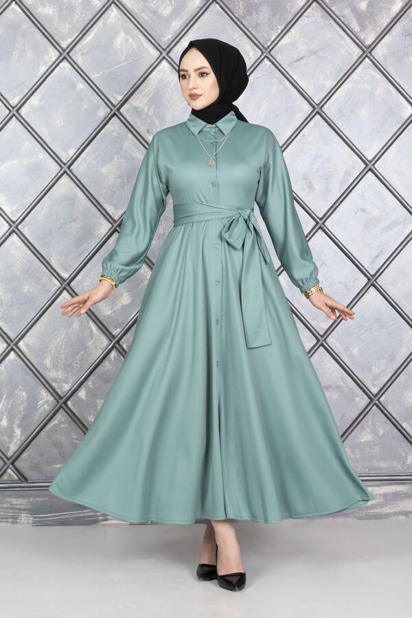 Boydan Düğmeli Kuşaklı Tesettür Elbise Mint