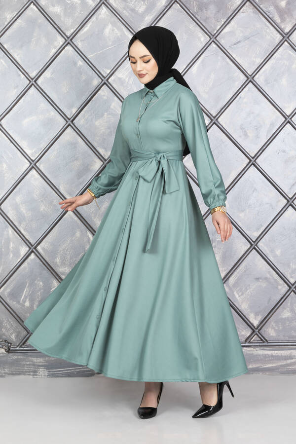 Boydan Düğmeli Kuşaklı Tesettür Elbise Mint