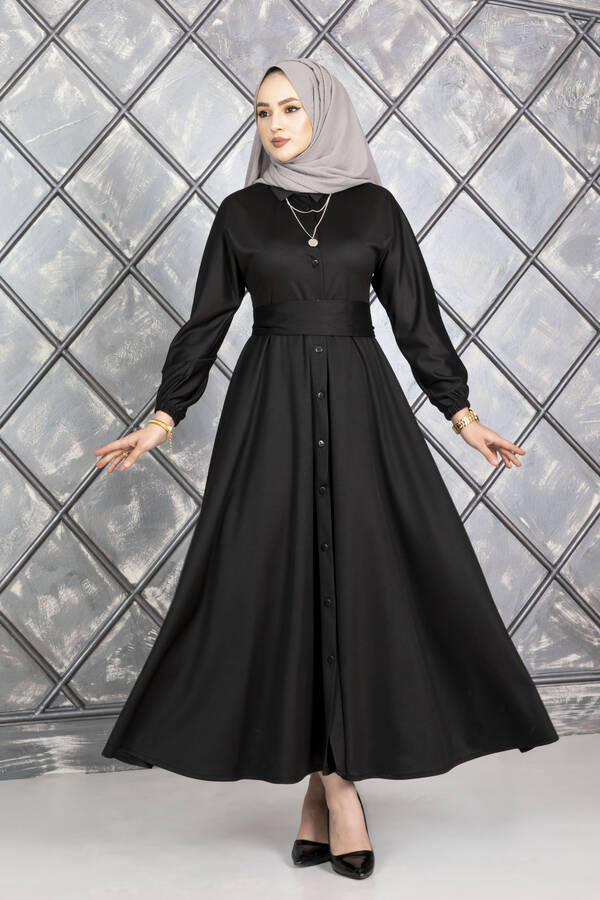 Boydan Düğmeli Kuşaklı Tesettür Elbise Siyah