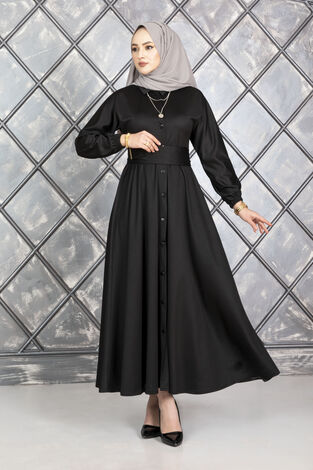 Boydan Düğmeli Kuşaklı Tesettür Elbise Siyah - Thumbnail
